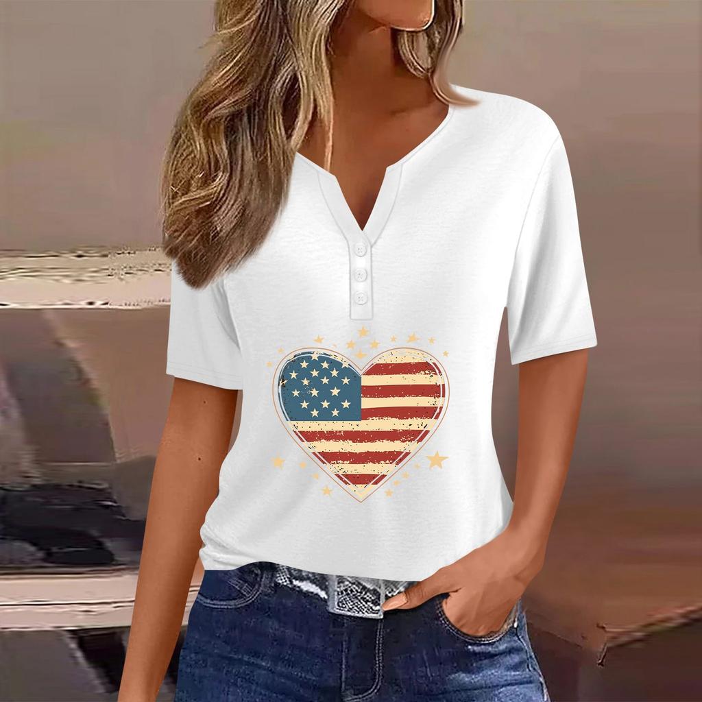 Women's T Shirt Tee Independence Day Print Button Short Sleeve Daily Weekend Fashion Basic V-Neck Regular Top