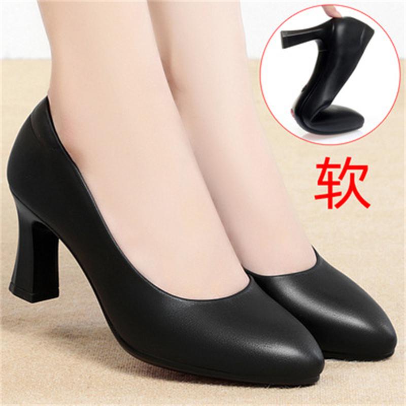 Women Cute Sweet Pointed Solid Black High Heel Soft Leather Shoes Classic  Spring Summer Soft Block Heel Pumps