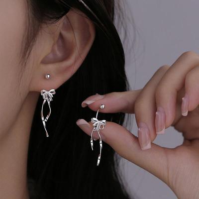 Height Drop Ribbon Stud Earrings (925 Silver)
