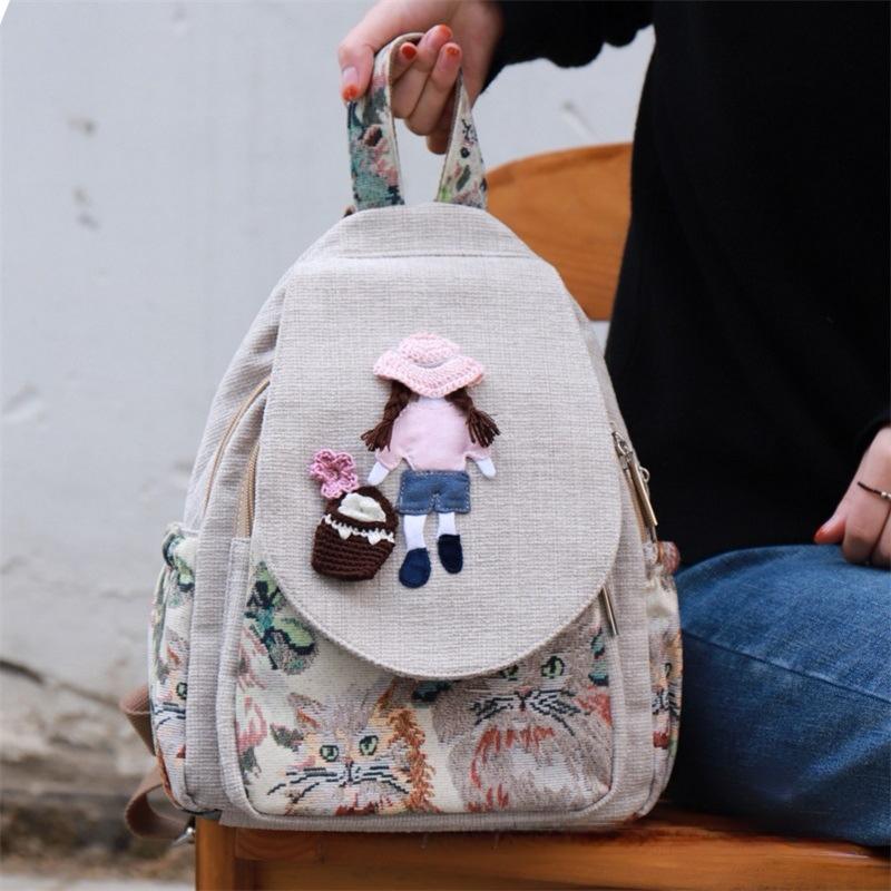 Мода 3D Национальная Вышивка Женский Рюкзак Высокое Качество Лен Женский Дневной Рюкзак Милый Девочки Шоппинг Путешествия Рюкзак SAC 30cm x 20cm x 10cm