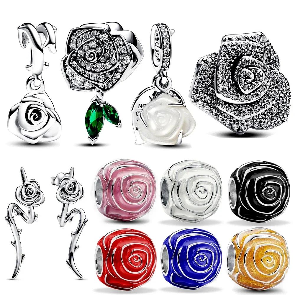 925 Silver Rose Bloom Necklace Earrings Set Women Gift Jewelry Original Charm Beaded Collection