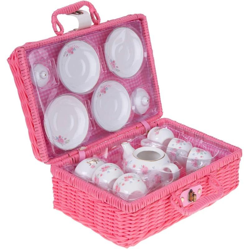 Servizio da tè in porcellana per bambine con cestino da picnic rosa, design floreale, 13 pezzi
