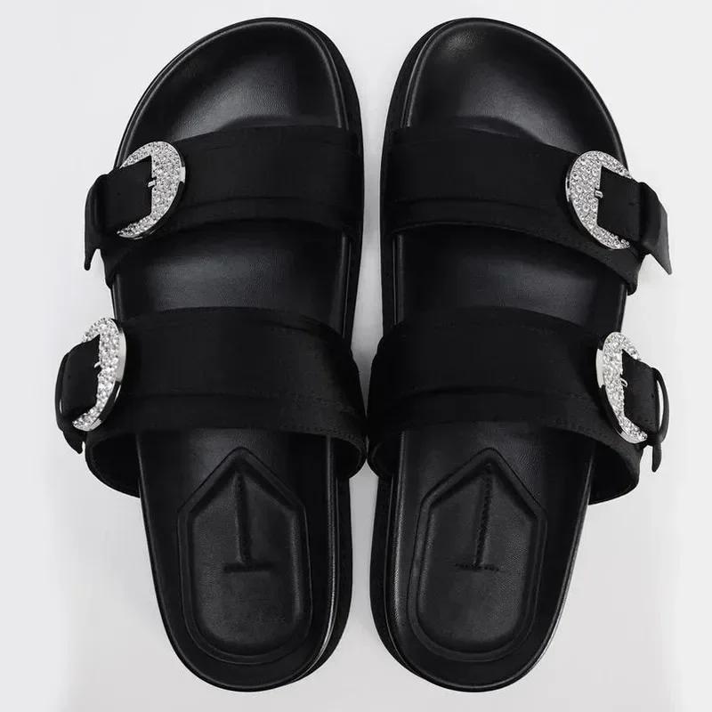 Fashion Bling Bling Rhinestone Buckle Design Flat Slippers Women Fashion Black Round Toe Sandals Summer Comfort Non-slip Beach Sandals