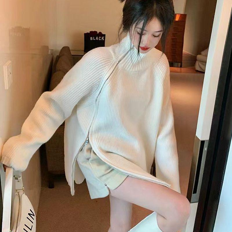 

Женский свитер оверсайз с высоким воротом и боковой молнией - Зимний вязаный средней длины 3XL (for 145-158 jin) грязно-белый