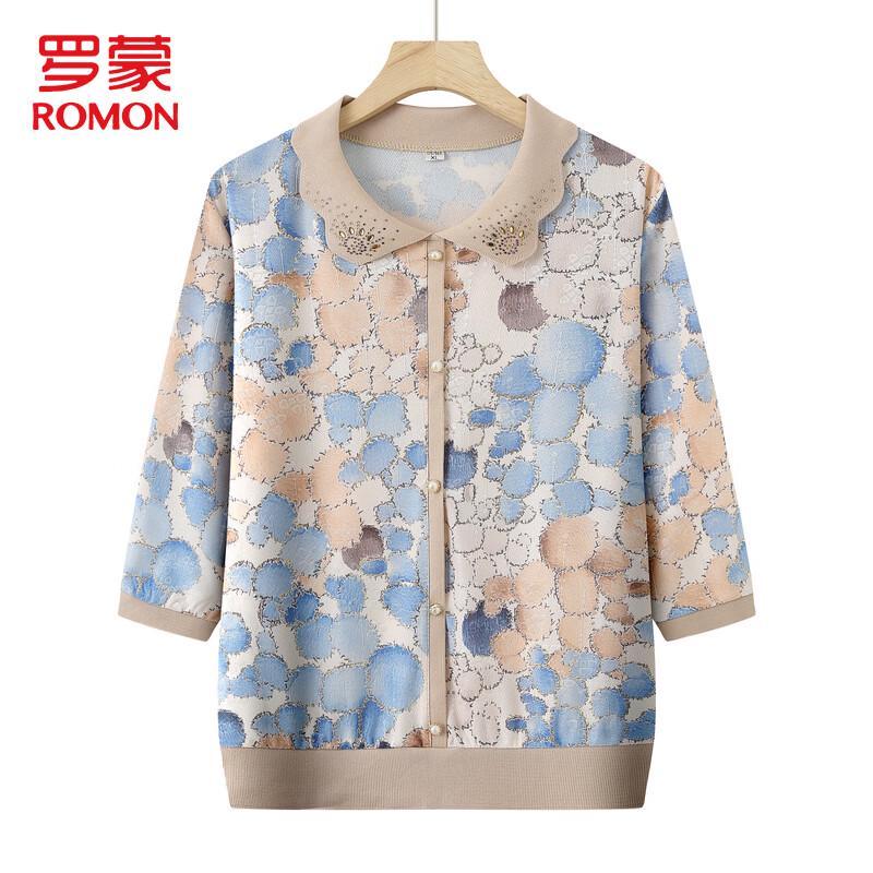 ROMON 2026 Mid-Aged Women s Summer Knit Polo Blouse with Seven-Point Sleeves 2XL