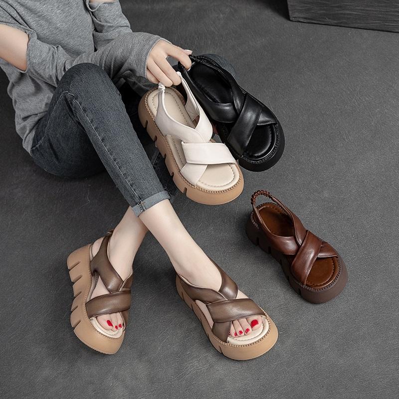 Fashion Wedges Platform Summer Sandals Women Casual  Open Toe Shoes Cross Genuine Leather  Style Back Strap Sandals flip-flops