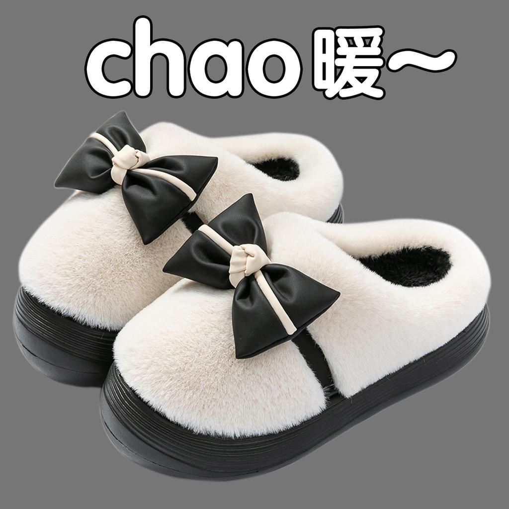 Bow cotton slippers autumn and winter outer wear fleece warm indoor home non-slip fluff mop cotton mop