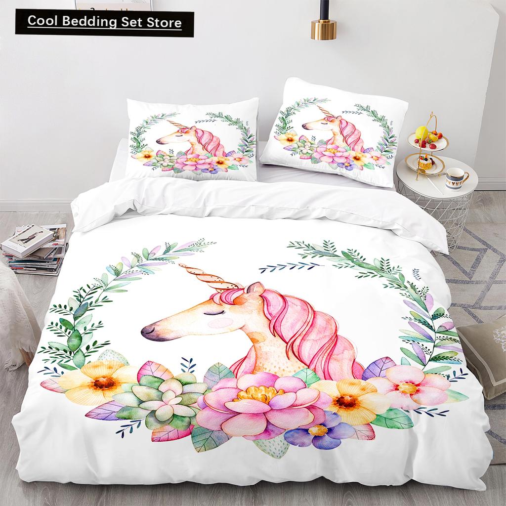 Einhorn-Bettwäsche-Set (King- und Queensize) mit Märchenmotiven und magischen Tieren für Kinder (Jungen und Mädchen) – Sternenuniversum – Polyester-Bettbezug