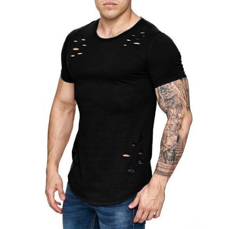 DC-HOME-3 Zomer T-shirt Heren Mode Gat Distressed Fitness T-shirt Korte Mouw Effen Slim Fit Hip Hop T-shirt Yasheng M zwart