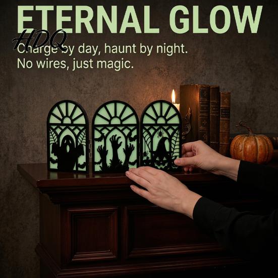 Wear-resistant Halloween Table Ornament Glow-in-the-Dark Decoration, Witch Ghost Silhouette Design, Stable Solid Wood Foldable Luminous Ornament, for