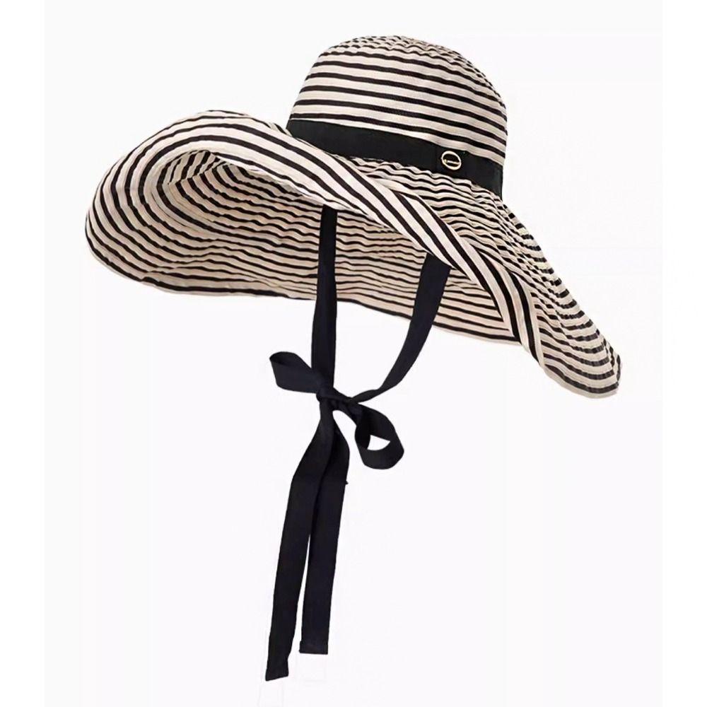 with Windproof Strap Women Striped Fisherman Hat Solid Color Wide Brim Sunshade Hat Breathable Sun Protection