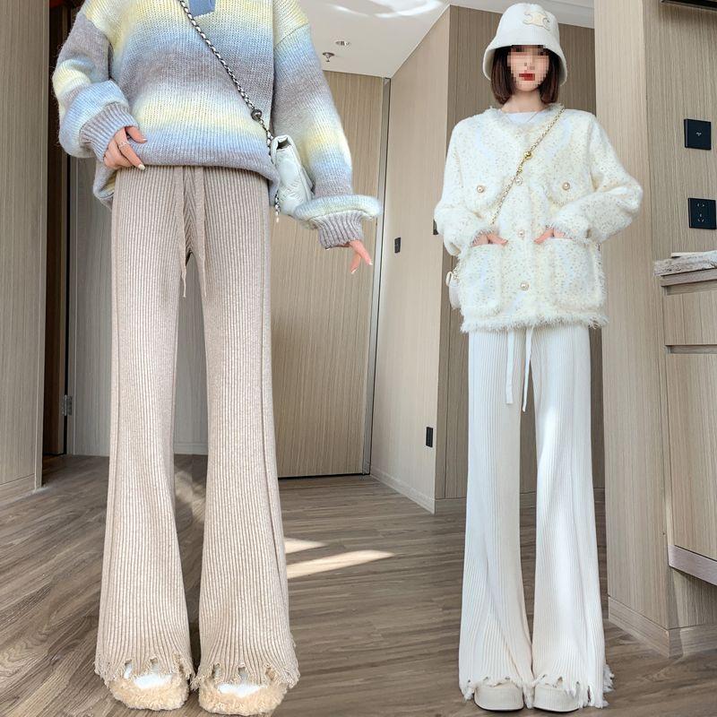 Women's High Waist Micro Flare Tassel Drape Knit Pants - Coffee Color