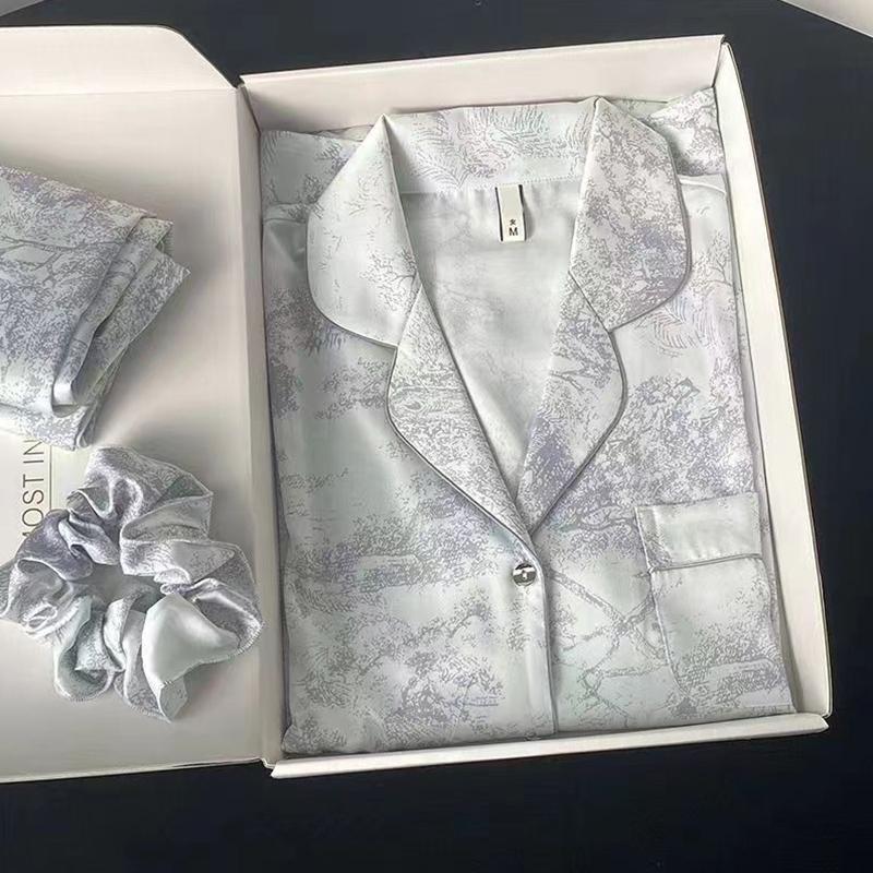 Ice Silk Women Pajama Lapel Button Cardigan Outfits for Women 2 Piece Set Fashion Printing Set Clothes for Women