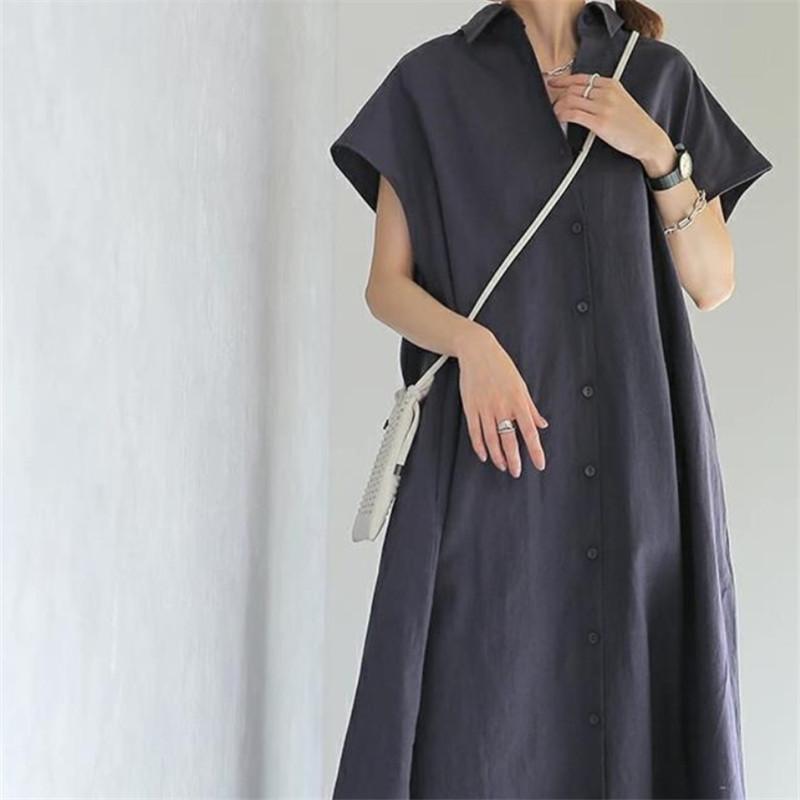 Outerwear skirt, pullover, short-sleeve cotton-linen dress, loose lapel for women, fashionable and casual