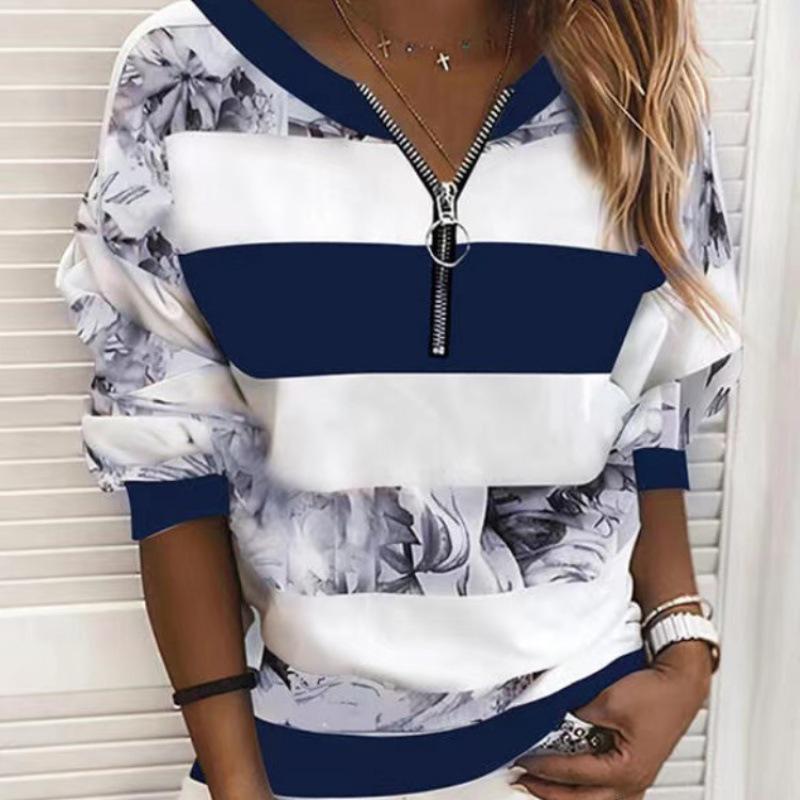 2021 Spring & Autumn Women's Striped Zipper T-shirt - Digital Print Casual Top