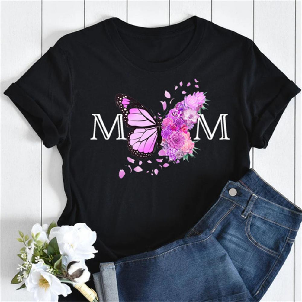 New Women T Shirt Fashion MOM Butterfly Floral Print Tshirt Casual Short Sleeve Tops Tee Women T-shirts 90s Lady Female T Shirt