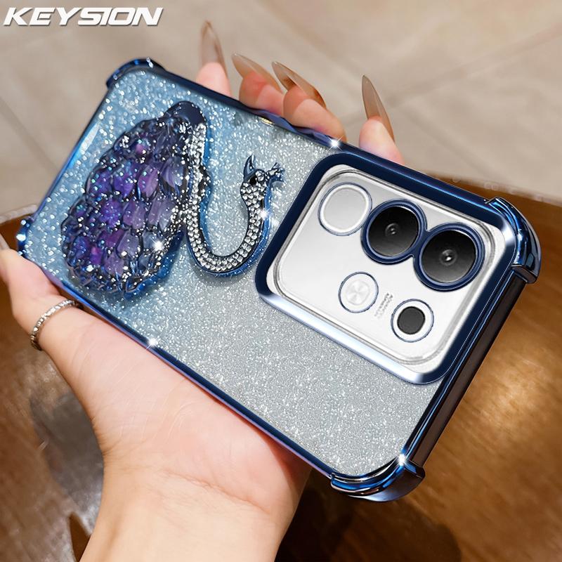 KEYSION Shockproof Plating Phone Case for VIVO Y29 4G Clear Soft TPU Glitter Jewelled Swan Kickstand Back Cover for IQOO Z10X 5G