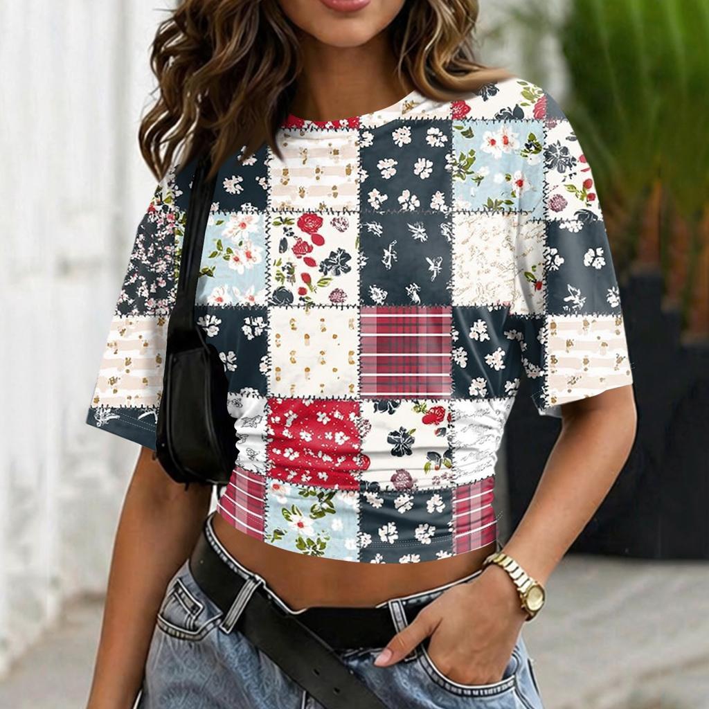 Women’s Crew Neck Printed Short Sleeve Loose Fit Pullover Top Casual Patchwork Style Soft Fabric Lightweight Comfortable Wear