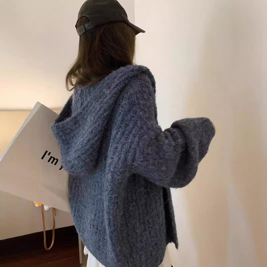 Cardigan pull en laine d'alpaga vintage pour femme Automne/Hiver Manches longues Tricot épais Style ample décontracté Haut