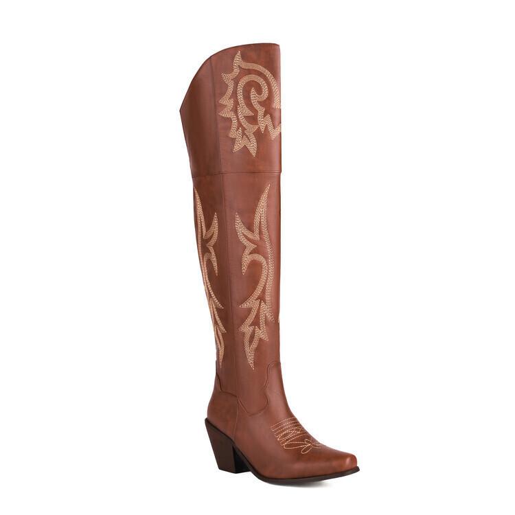 European and American new thick-heeled cowboy boots high-heeled knee-length fashion knight boots women's knee-embroidered western boots
