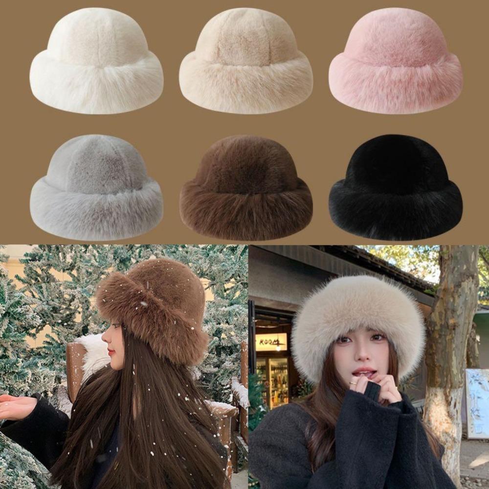 New Fluffy Fur Winter Hat Solid Color Thicken Bucket Hat Cold Windproof Fisherman Hat for Women Girls