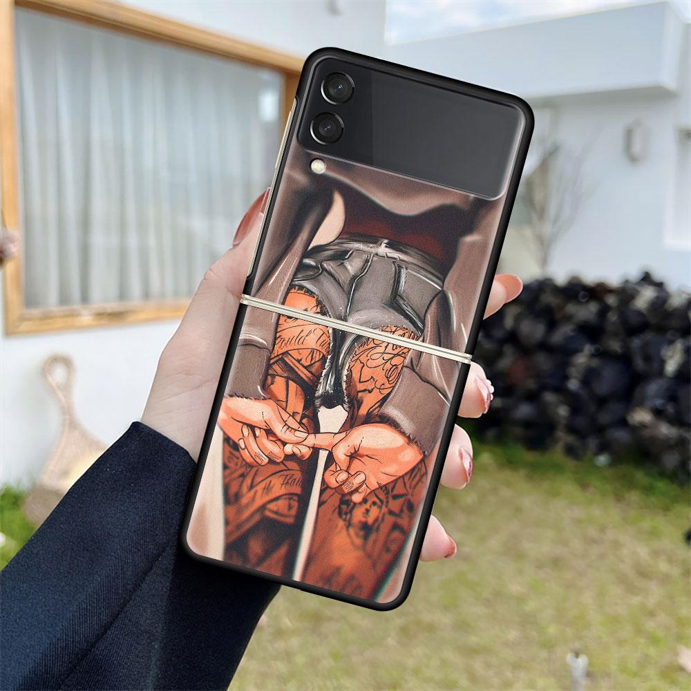 Luxury Case For Samsung Galaxy Z Flip 4 3 5G Black PC Hard Phone Cases Fashion Back Cover ZFlip Funda Sexy Tattoo Girl Shell Sac