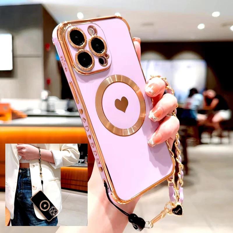 Plating TPU Case For iPhone 17 16 15 14 13 12 Pro Max Plus Air 16Pro 15Pro 14Pro for Magsafe Charge Wrist Lanyard Bracelet Cover