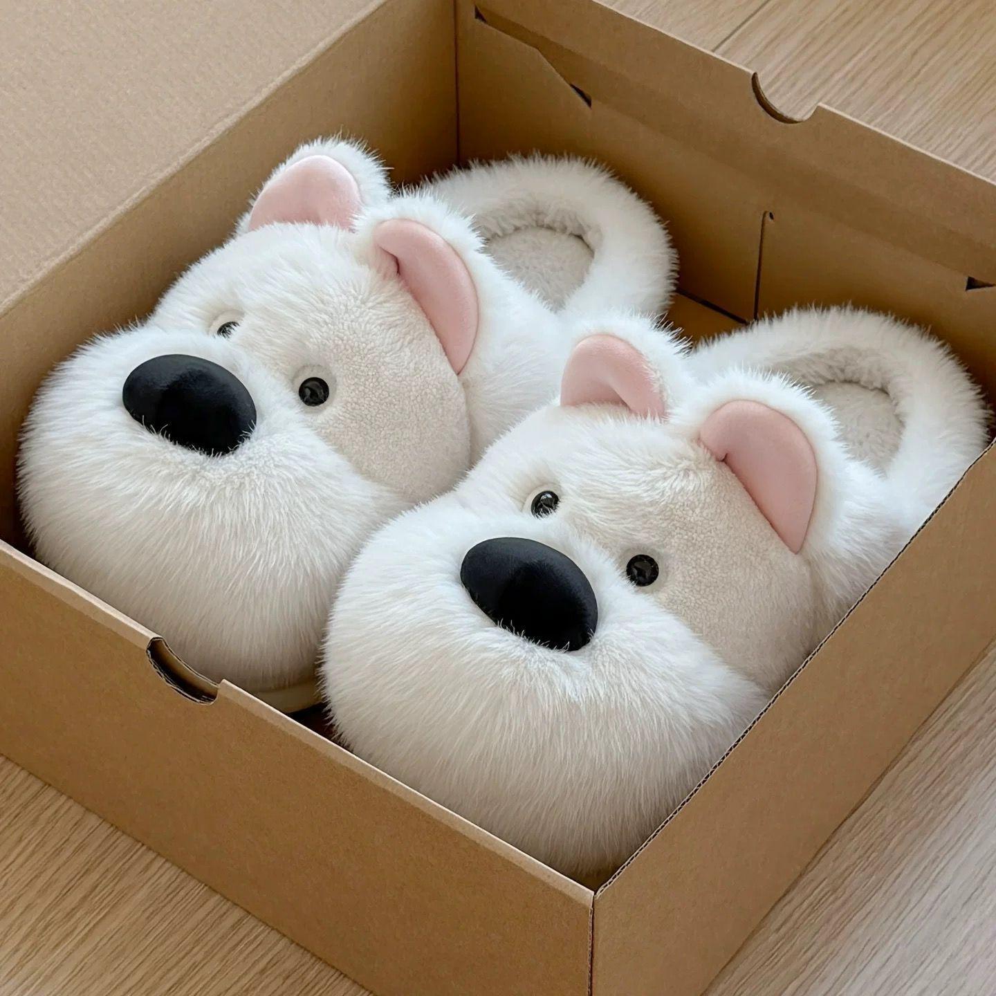 

Westie Dog Cotton Slippers Women Winter Anti Slip Couples Plush Slippers Thick Sole Warm Fleece Lined 36-37