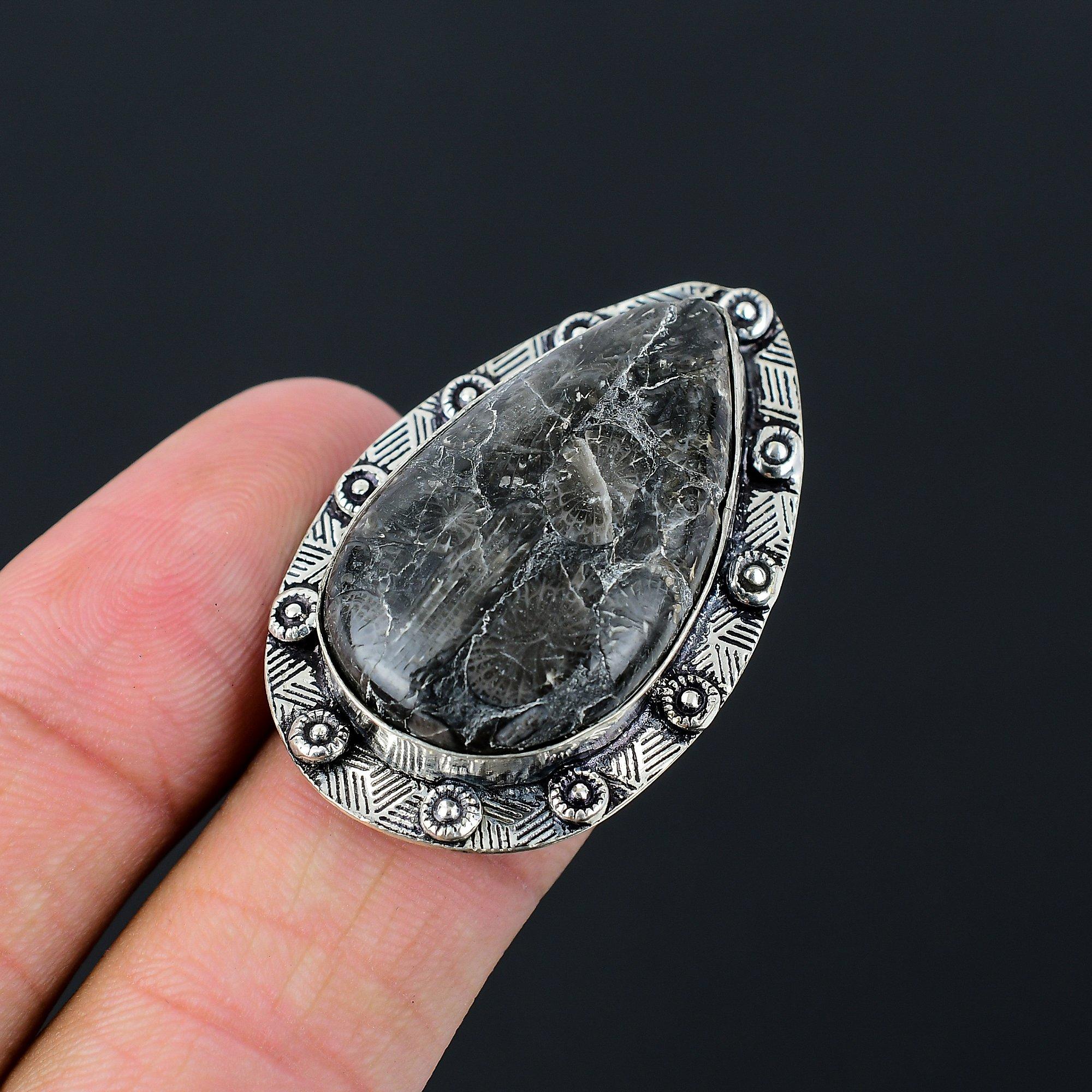 Natural Fossil Coral Gemstone Solitaire Black Ring Size 7.5 925 Sterling Silver 7.5