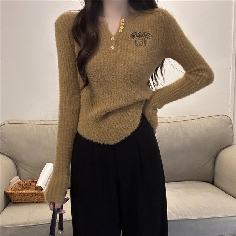 

Вышитый вязаный свитер женский осень/зима облегающий длинный рукав короткий стиль внутренняя часть низ верх L кофейный