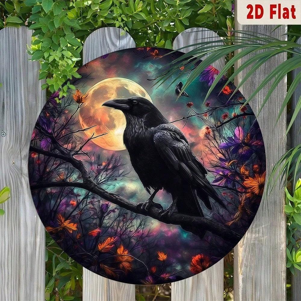 Gothic Raven Moon Metal Wall Art, Glowing Eyes Aluminum Sign