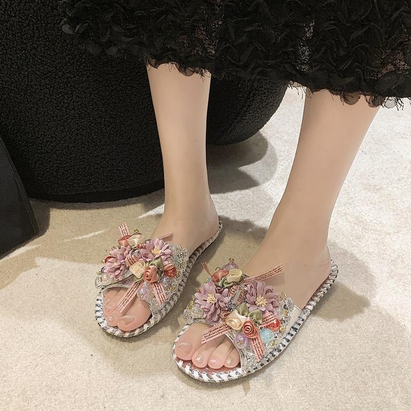 Summer Hot-selling Gypsy Rhinestone Cool Slippers Four-season One-word Cool Slippers Women's Flash Large-size Slippers Women