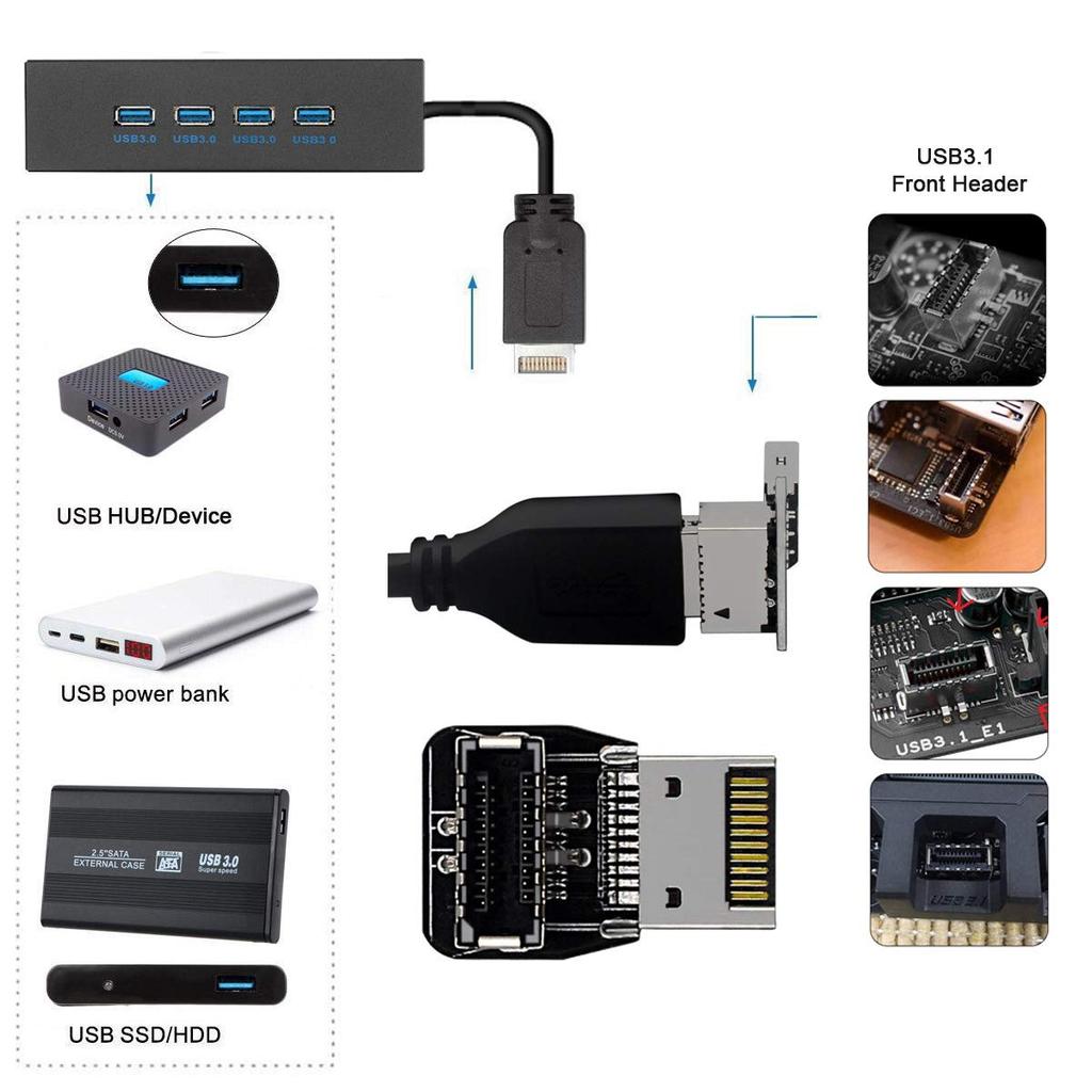 Xiwai USB 3.1 Front Panel Header Male To Female Type-E Motherboard Expansion Data Adapter (2pcs)