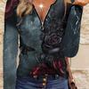 Flower and Butterfly Pattern Zipper T-shirt, Casual Long-sleeved Top, Suitable for Spring and Autumn, Suitable for Home and Outdoor Wear