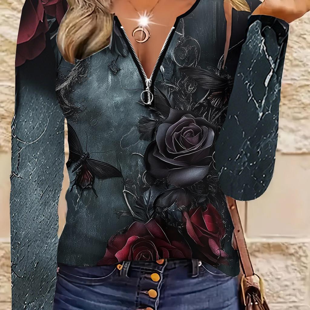 Flower and Butterfly Pattern Zipper T-shirt, Casual Long-sleeved Top, Suitable for Spring and Autumn, Suitable for Home and Outdoor Wear