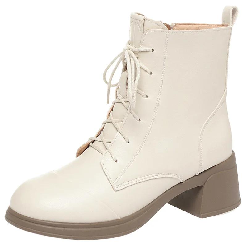 5.5cm British Style Soft Leather Boots Women Platform Shoes Fall Winter 2025 Med Block Heels Short Plush Warm Ankle Boots Office