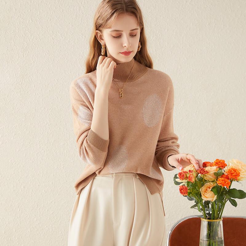 

TUHUANG Women s Thickened Pure Wool Color-Block Semi-High Collar Knit Sweater L