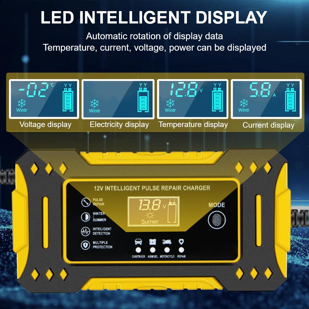 Car Battery Charger 12V 6A 3 Stages Fast Charging For Lead Acid AGM GEL Battery Intelligent Pulse Repair Motorcycle Accessories