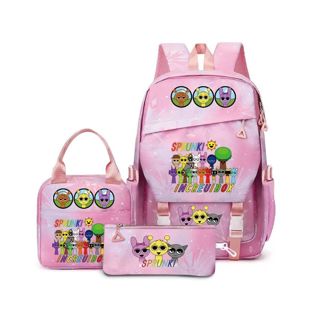 Rhythm box music game heat transfer backpack Sprunki pink schoolbag portable lunch bag stationery pencil case D