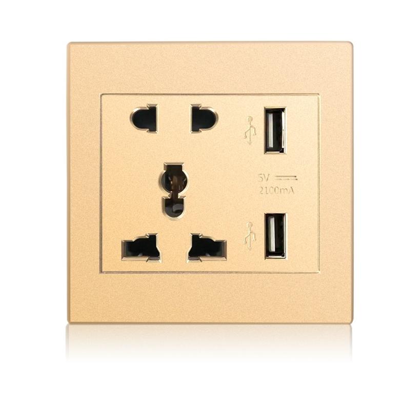 86 Type Vegg Dobbel USB-port Lading 5-hulls universaluttak Smart Home 2100mA Laderadapter Elektrisk stikkontakt