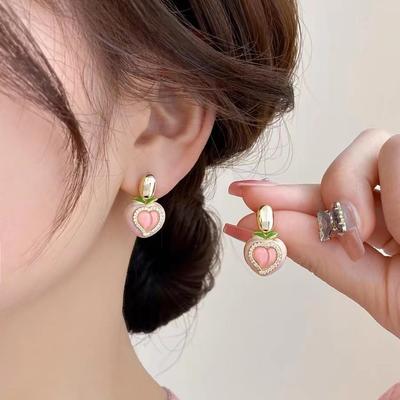Small Fresh Pink Mist Sweetheart Pink Peach Earrings New Gentle Sweet Love Earrings Light Luxury High -End Earrings