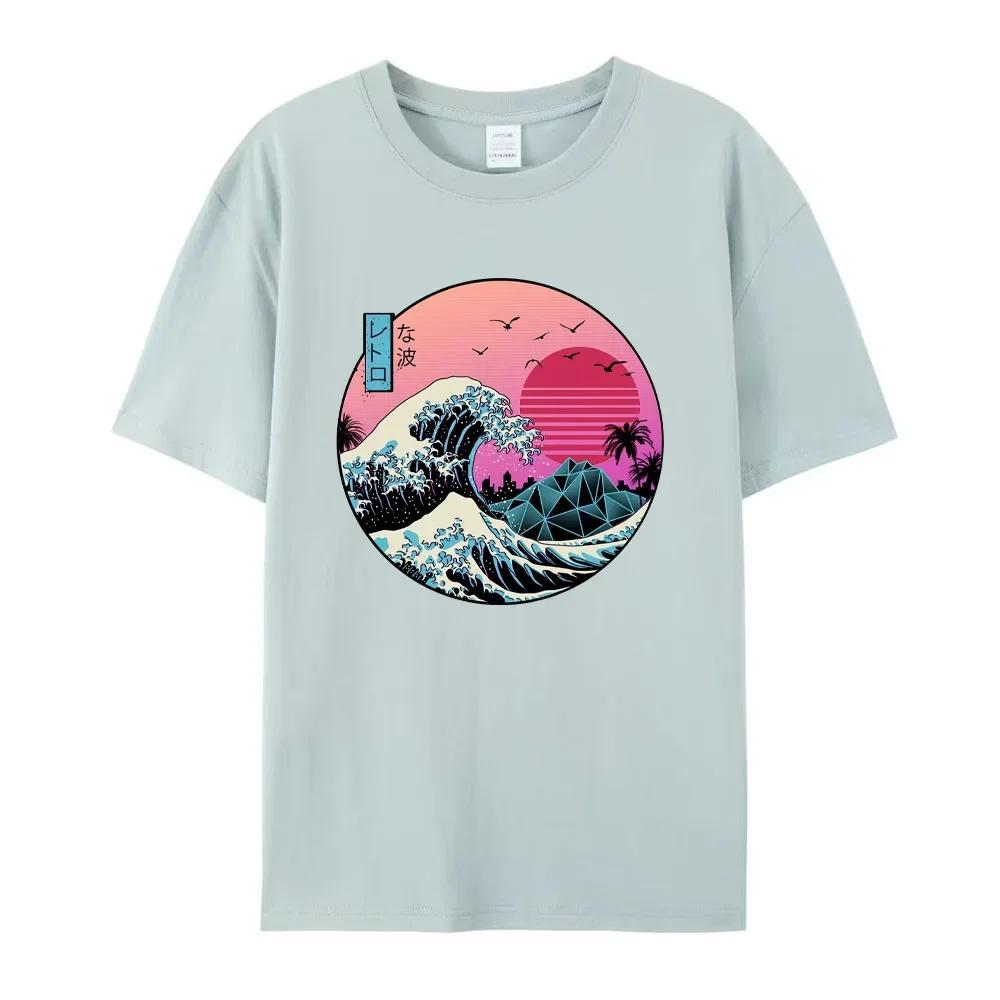 Camiseta Masculina de Verão Ondas do Pôr do Sol no Japão Camiseta Estampada Moda 100% Algodão Manga Curta Camiseta Oversized Roupas Masculinas