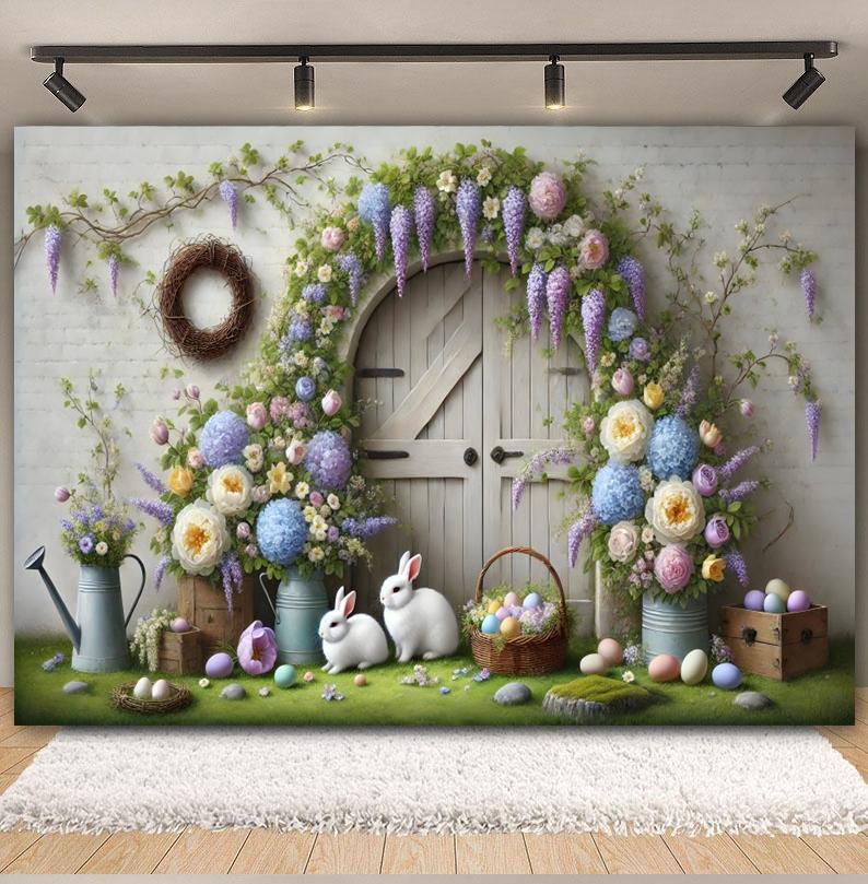 Spring Easter Photography Backdrop Wood Board Flowers Rabbits Eggs Kids Birthday Baby Shower Spring Party Decor Photo Background