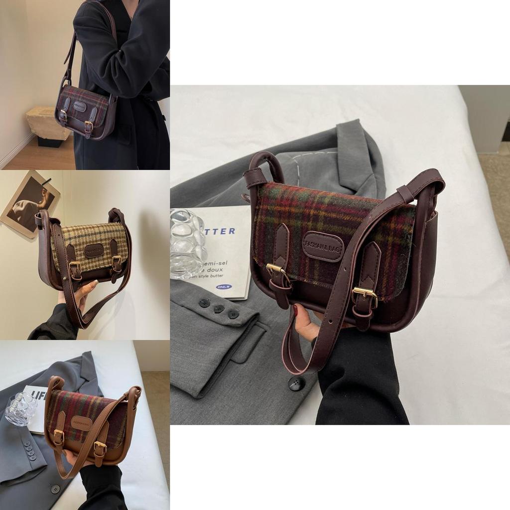2024 Winter New Plaid Cloth Bag Fashion Casual Shoulder Bag Commuter Simple Crossbody Bag Retro Women's Bag Red Plaid Coffee