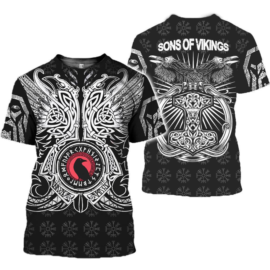 Summer Round Neck 3D Viking Tattoo Print Top Fashionable Casual Short Sleeved Men's T-shirts