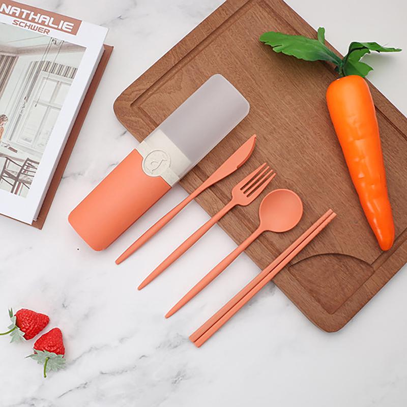 4Pcs Wheat Straw Cutlery Set Portable Tableware Reusable Spoon Knife Chopsticks Fork Travel Picnic With Carrying Box
