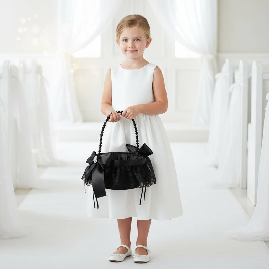 Black Flower Girl Basket Elegant Design Gothic Lace Wedding Lightweight