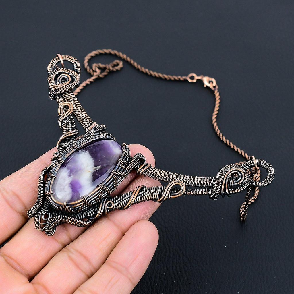 Sage Amethyst Gemstone Pure Copper Wire Wrapped Handmade Necklace Jewelry