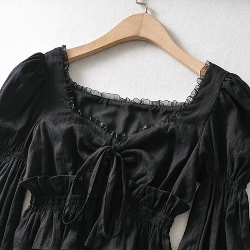 French Pleated Lantern Long Sleeve Shirt Women New Vintage White Square Collar Blouse Tops Female Korean Fashion Desidn Casual Clothing 2024