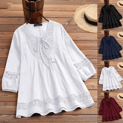 Damesmode casual losse geplooide kanten holle O-hals blousetop